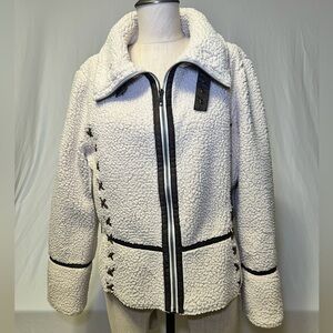 Tasha Polizzi Cream Sherpa Zip Front Jacket with Black Trim